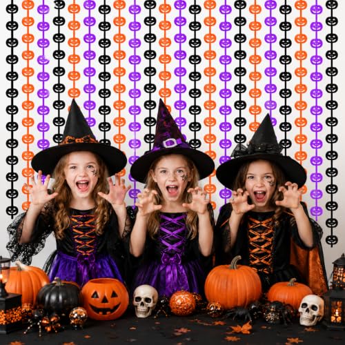 Image of TONIFUL 2Pc Black Orange Purple Pumpkin Cutout Metallic Foil Fringe Curtain | 3.3ftx6.6ft Photo Booth Backdrop Door Tinsel Streamers Curtains, Props for Halloween Fall Birthday Harvest Party Decorations