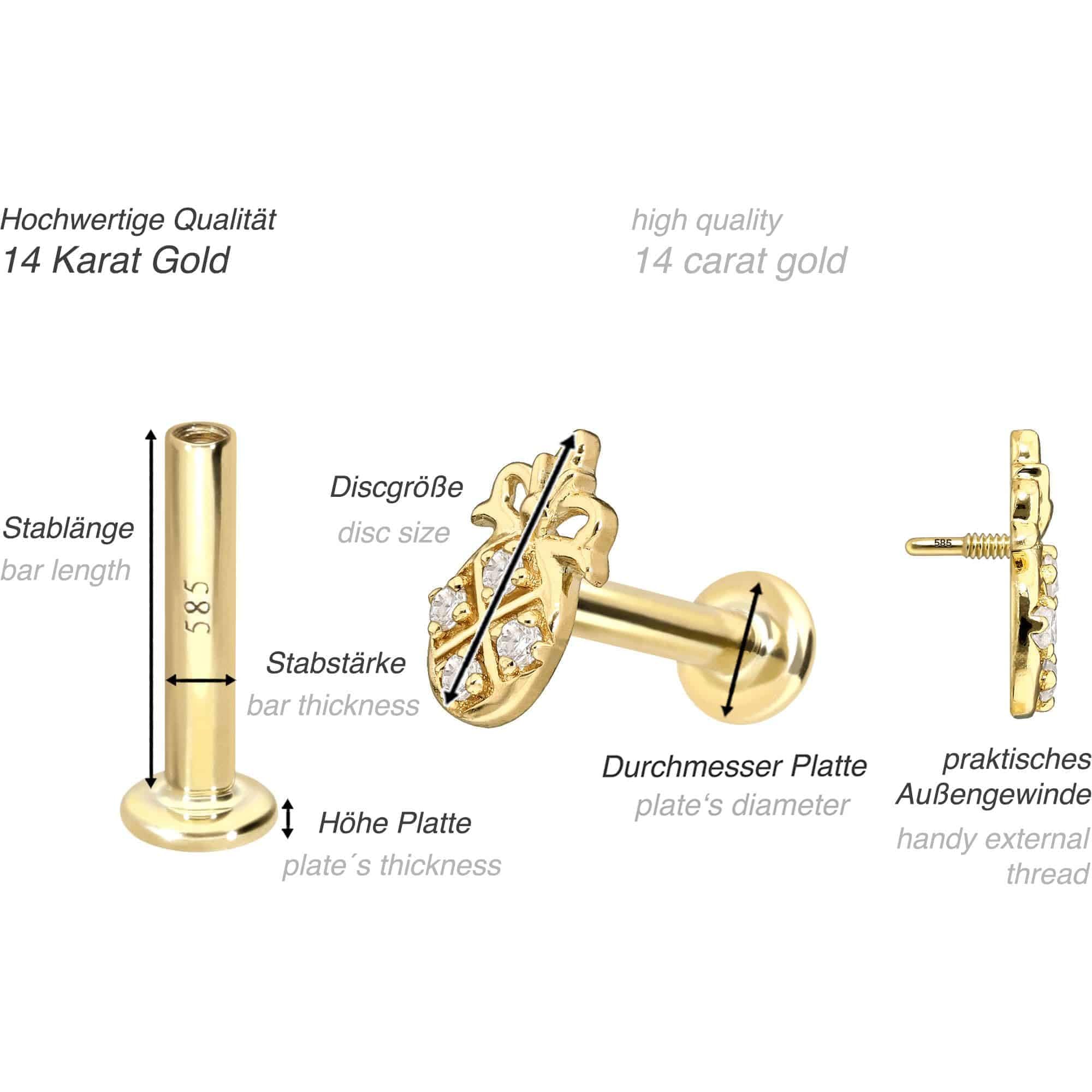 PIERCINGLINE Piercing Stecker 14 Gold Labret mit Innengewinde MOISSANIT-ANANAS 585er Gold - Roségoldfarben, Goldfarben, Silberfarben