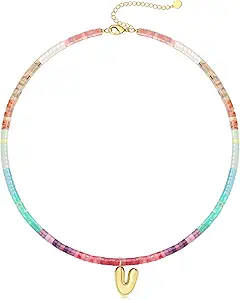 Beaded Initial Necklaces for Women Teen Girl Gifts Trendy Stuff Colorful Gemstone Choker Necklace with Bubble A-Z Stocking Stuffers for Teens Christmas Gifts for Her Birthday Summer Beach Jewelry for Daughter Sister Friend