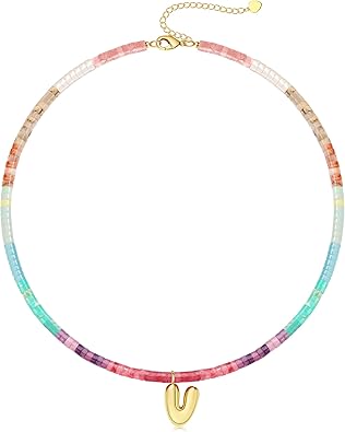 Beaded Initial Necklaces for Women Teen Girl Gifts Trendy Stuff Colorful Gemstone Choker Necklace with Bubble A-Z Stocking Stuffers for Teens Christmas Gifts for Her Birthday Summer Beach Jewelry for Daughter Sister Friend