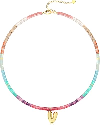 Beaded Initial Necklaces for Women Teen Girl Gifts Trendy Stuff Colorful Gemstone Choker Necklace with Bubble A-Z Stocking Stuffers for Teens Christmas Gifts for Her Birthday Summer Beach Jewelry for Daughter Sister Friend