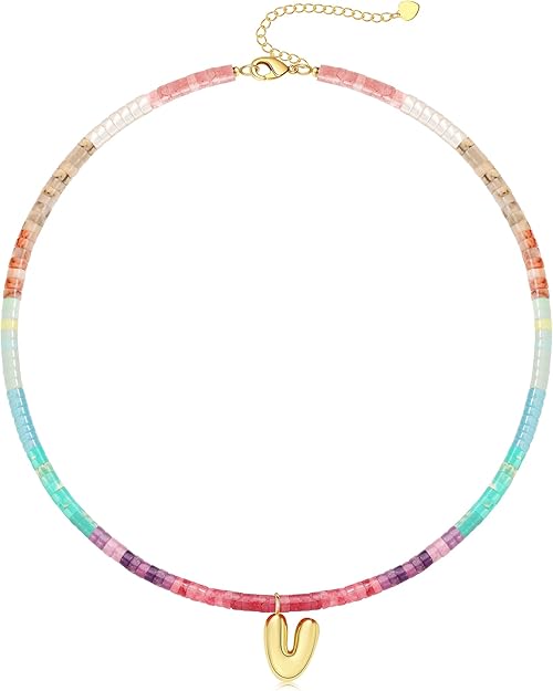 Beaded Initial Necklaces for Women Teen Girl Gifts Trendy Stuff Colorful Gemstone Choker Necklace with Bubble A-Z Stocking Stuffers for Teens Christmas Gifts for Her Birthday Summer Beach Jewelry for Daughter Sister Friend