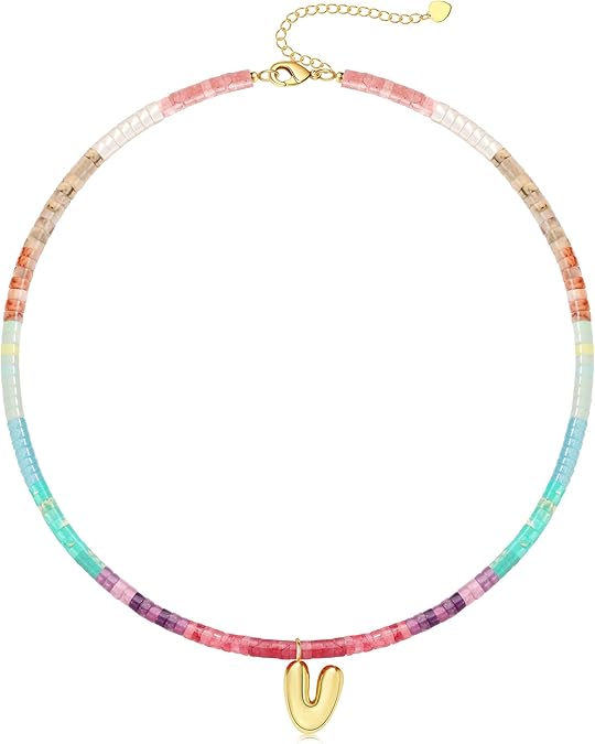 Beaded Initial Necklaces for Women Teen Girl Gifts Trendy Stuff Colorful Gemstone Choker Necklace with Bubble A-Z Stocking Stuffers for Teens Christmas Gifts for Her Birthday Summer Beach Jewelry for Daughter Sister Friend
