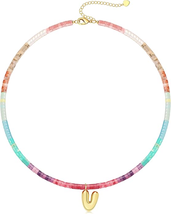 Beaded Initial Necklaces for Women Teen Girl Gifts Trendy Stuff Colorful Gemstone Choker Necklace with Bubble A-Z Stocking Stuffers for Teens Christmas Gifts for Her Birthday Summer Beach Jewelry for Daughter Sister Friend