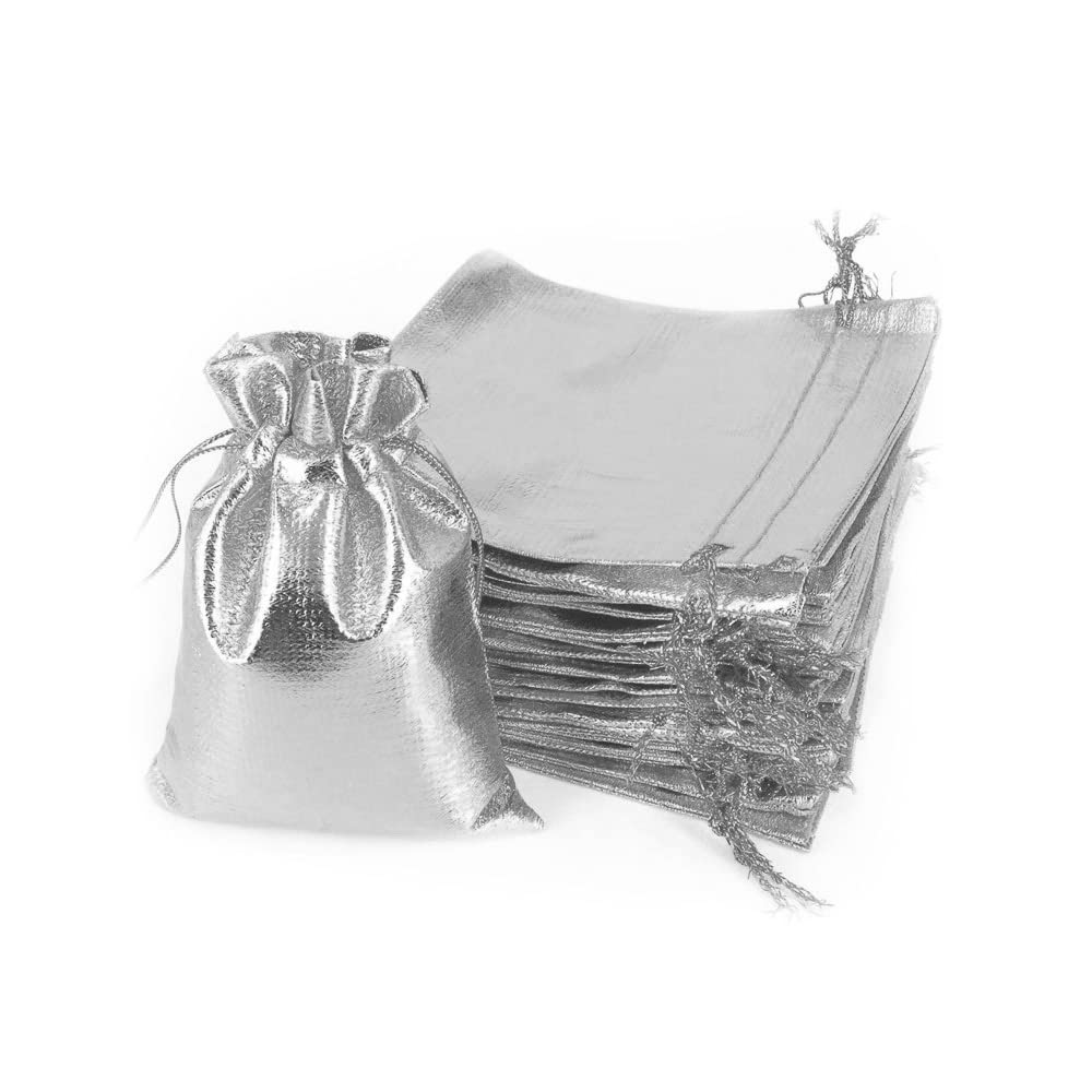 SKYPRO 100Pcs Drawstring Bags Organza Jewelry Bags Storage Pouches Candy Gift Bags for Jewelry Christmas Party Wedding Favors (Silver 13x18cm)