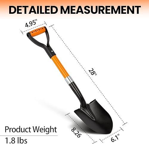 Miniatura 9 de Pala redonda pequeña de 28 pulgadas con mango en D, pala de metal para playa y campamento, herramienta de jardín con mango de fibra de vidrio