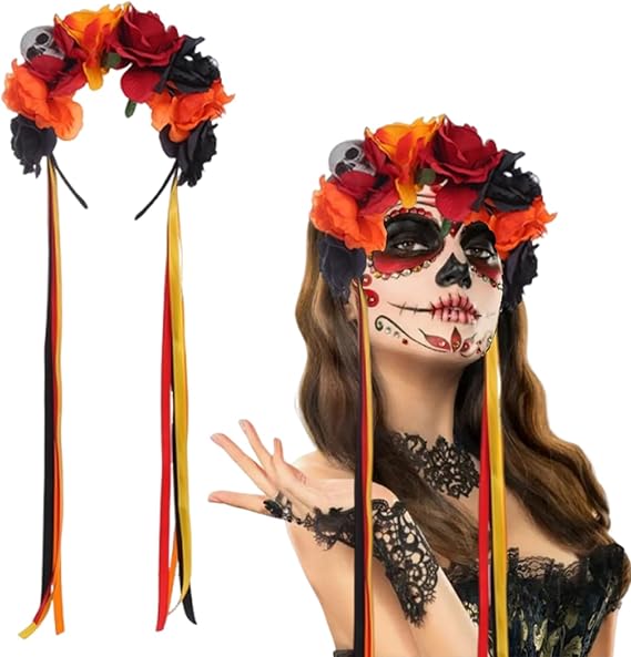 Mexican Flower Headband Day of the Dead Red Black and Orange Rose Floral Crown Headpiece for Women Girls Halloween Cosplay Costume Party Hair Decoration
