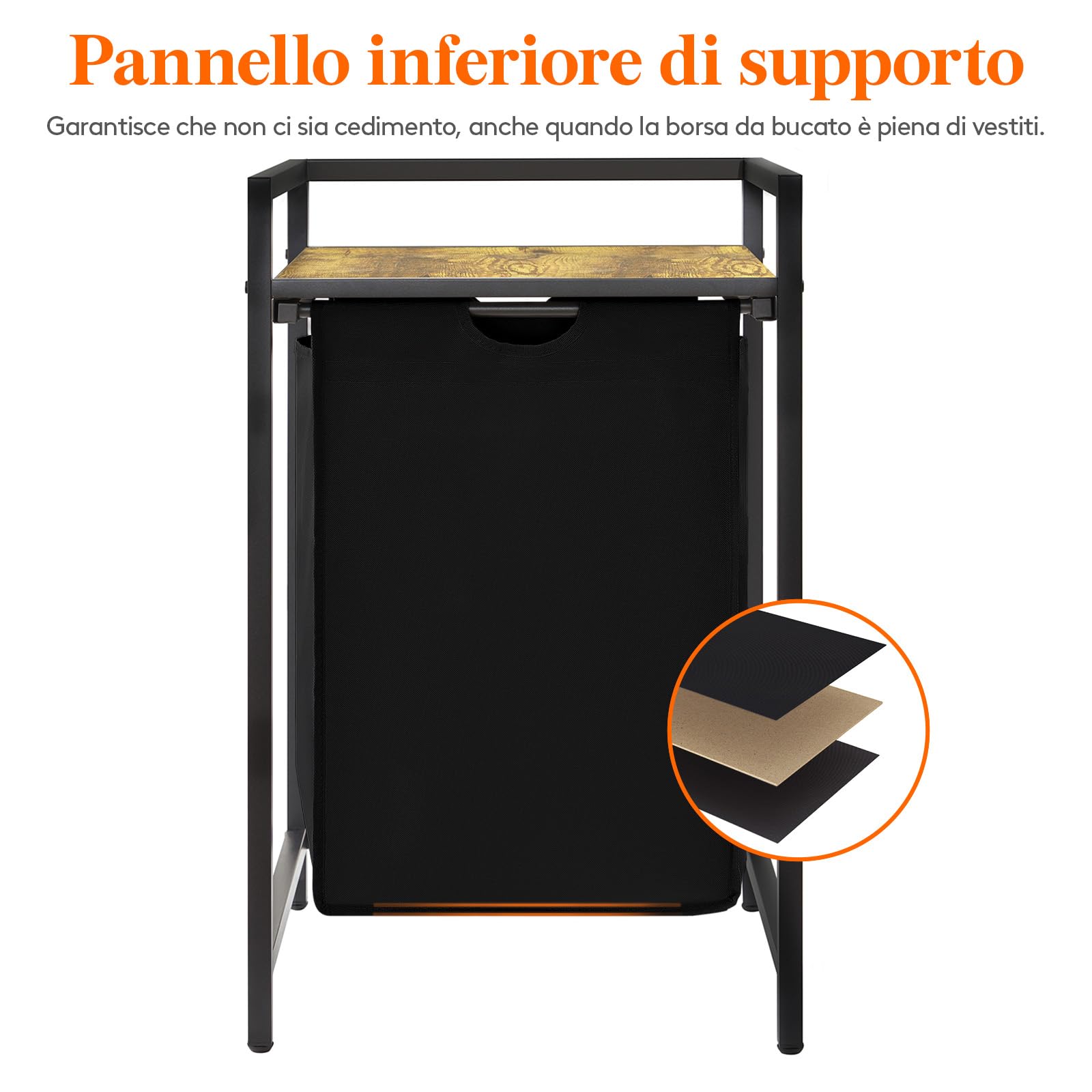 Lifewit Cesto Portabiancheria, Mobile Biancheria Sporca con Sacco Porta Biancheria in Tessuto Oxford e Ripiano in Metallo per Lavanderia, Camere da Letto, Bagno, Dormitori, 69 L, Nero