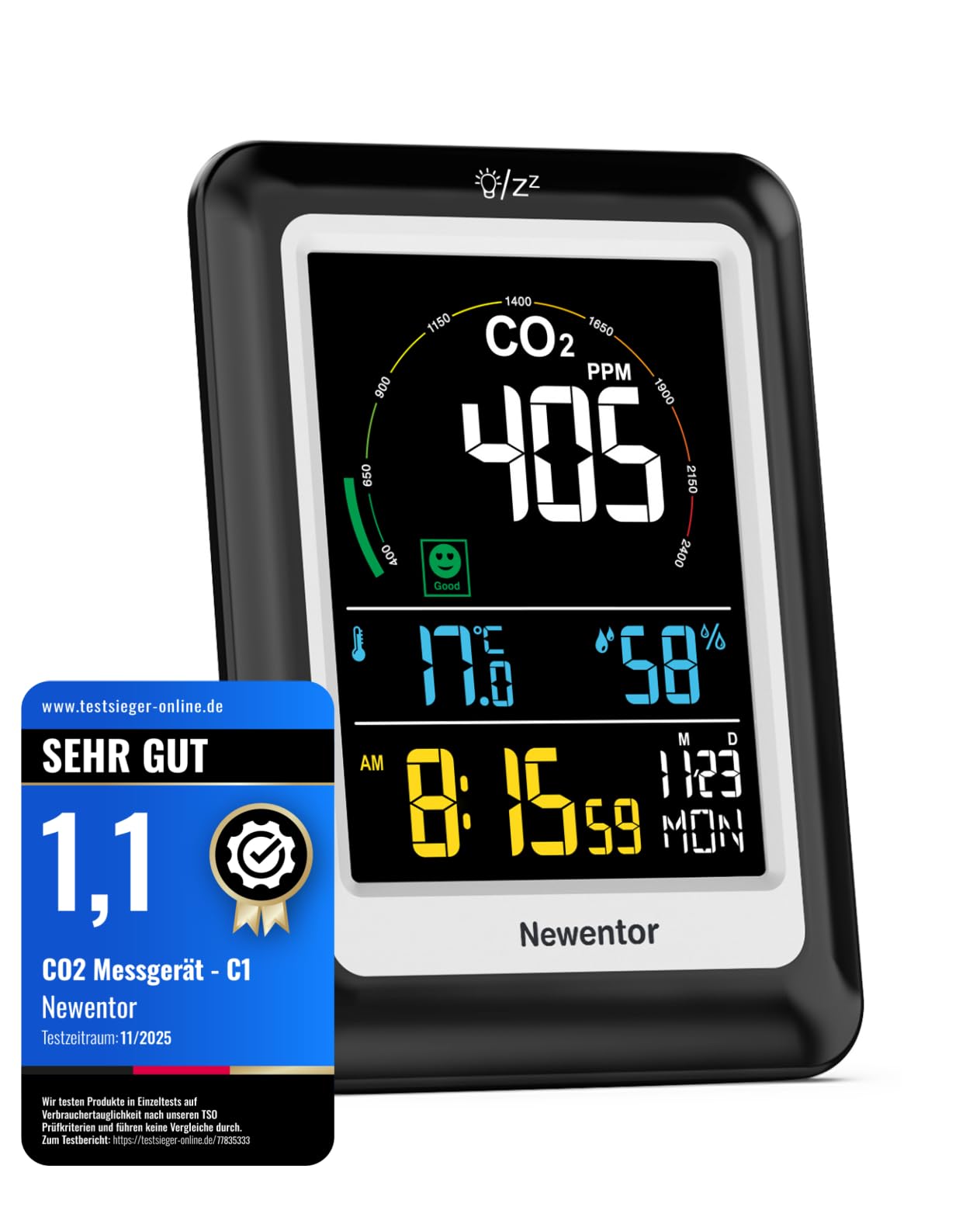 Newentor CO2 Messgerät, NDIR, 4 CO2-Konzentrationsstufen mit Alarm, Batteriebetrieb & USB-Anschluss, Schwarz