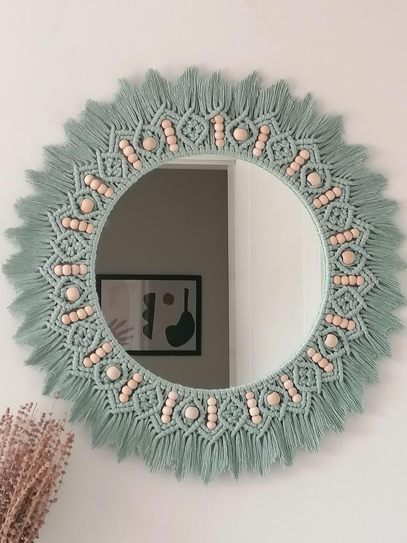 Mos Handicraft Handcrafted Macrame Wall Mirror, Round Decorative Mirror with Mint Green Fringe and Wooden Beads, Boho Home Decor-image-42