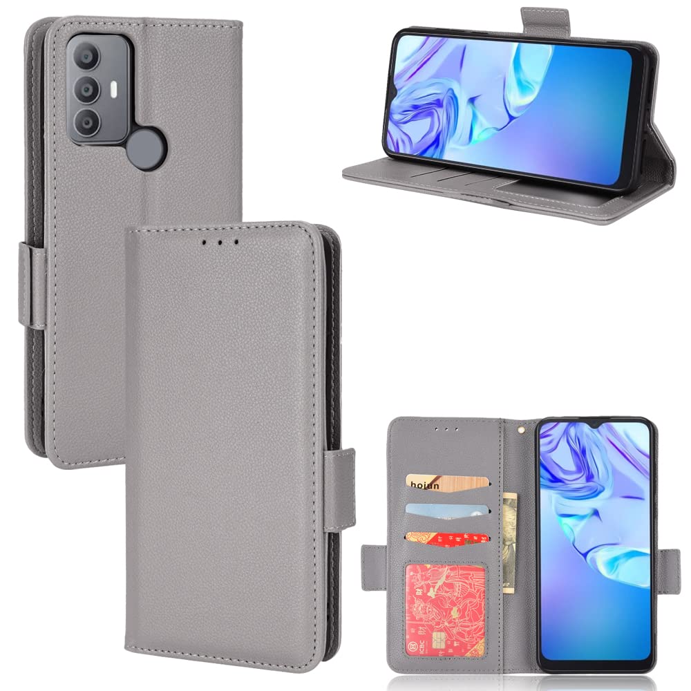 Custodia Portafoglio In Pelle PU Per TCL 30 SE / TCL 306 / TCL 305 - Con Slot Carte E Supporto, Grigio - 5
