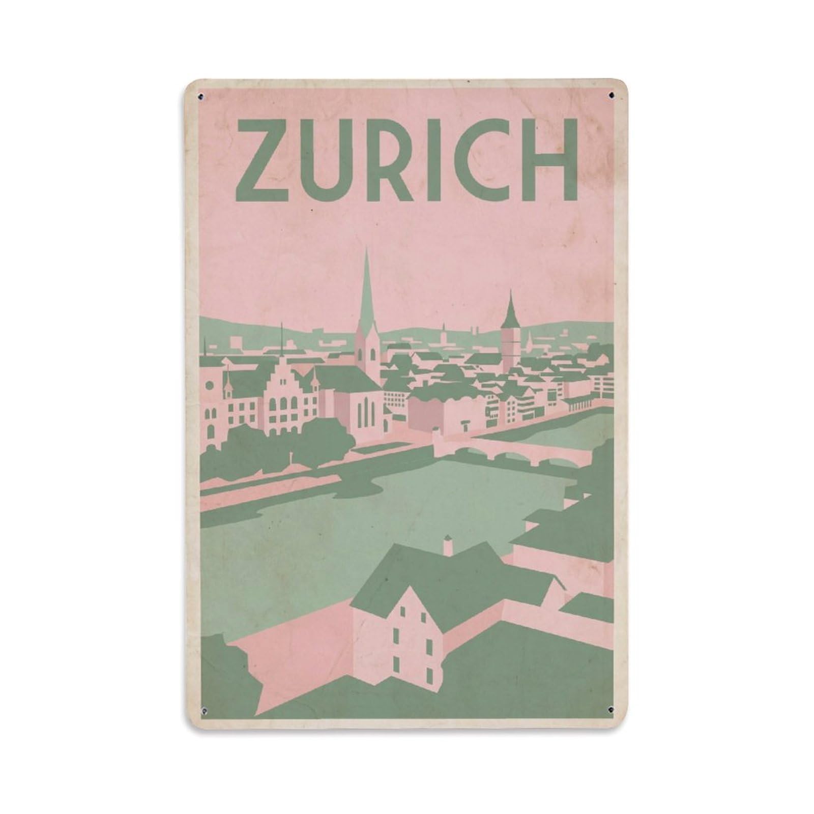 Este 8X12inch Style Vintage Travel Zurich Switzerland Idyllic Metal Tin Sign
