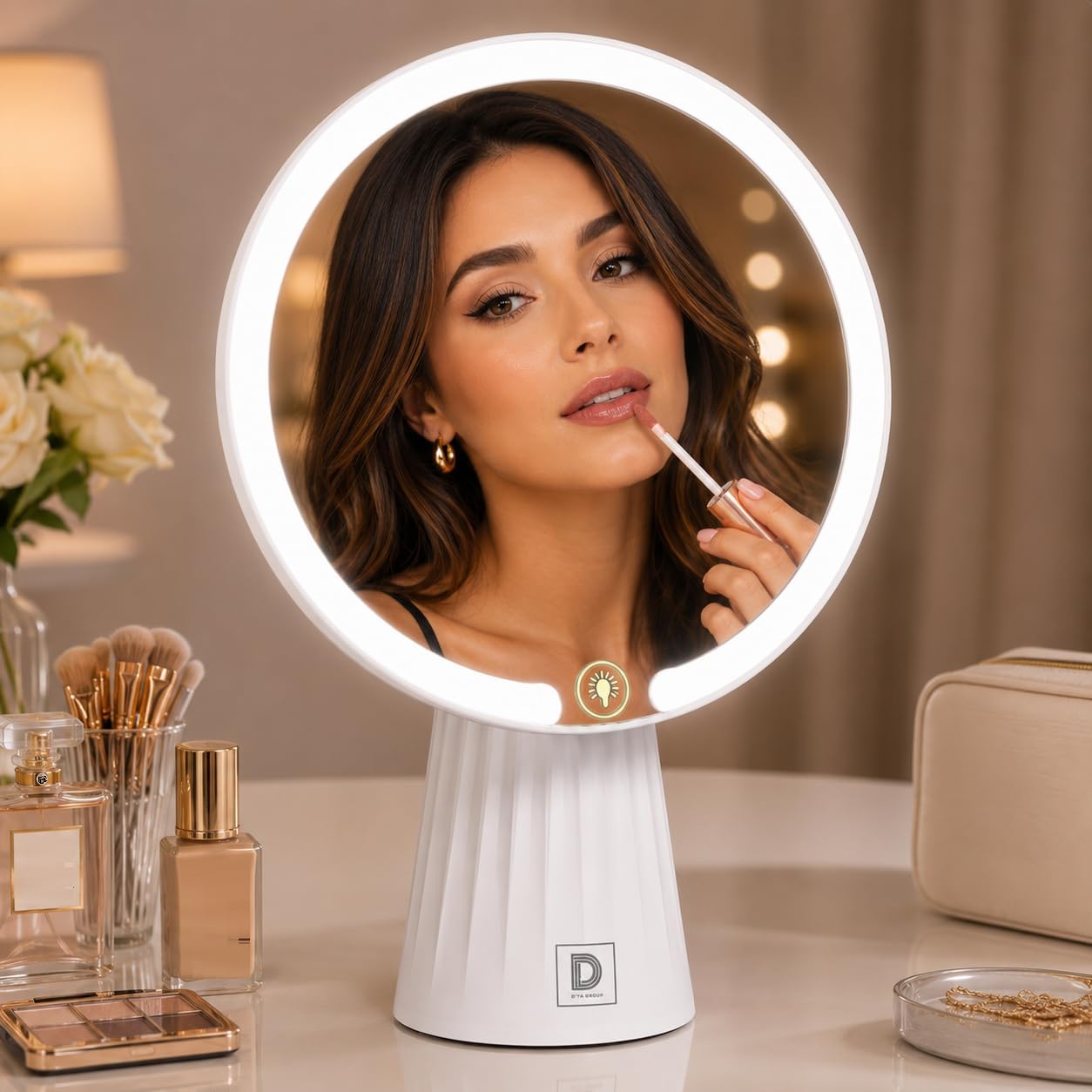 SuperGift.com White LED Lighted Vanity Makeup Mirror with Touch Control, Dimmable Tabletop Cosmetic Mirror, Modern Round Desk Mirror for Makeup & Skincare, 10X Magnification