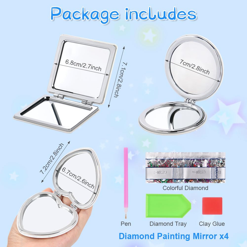 AUAUY 4-Piece Compact Mirrors, 5D DIY Mandala Diamond Art, Portable Folding Makeup Mirror - Image 4