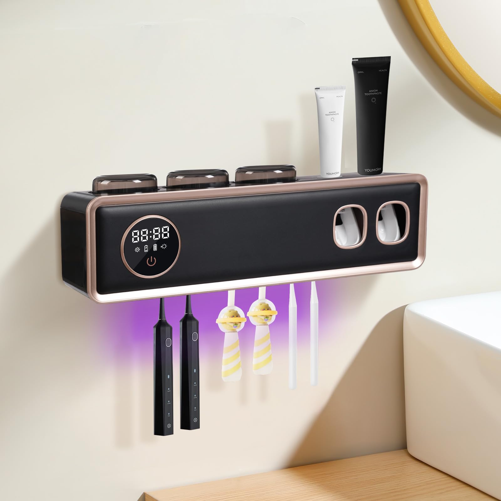 Cepillo de dientes desinfectante UV, soporte para cepillo de dientes con indicador LED, montaje en pared, dispensador de pasta de dientes, recargable por USB, 30 días con una sola carga (negro)
