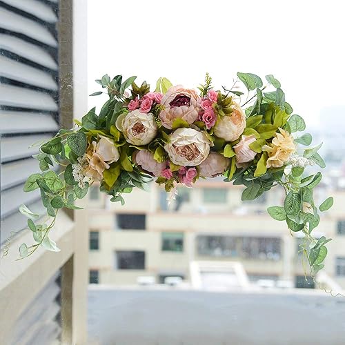 Vista 2 de Ansuma Botín de flores de peonía artificial, 30 pulgadas decorativo para puerta delantera, dintel con peonías y hojas de eucalipto para arco