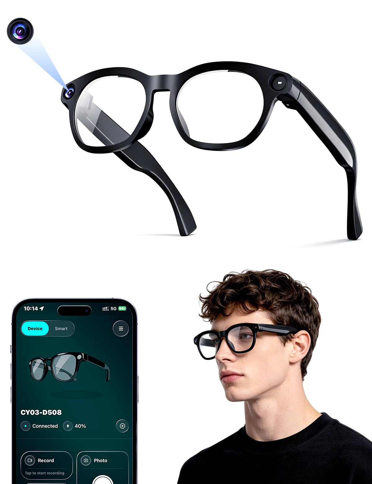 Lunettes intelligentes AI, enregistrement vidéo HD 4K et lunettes de sport Bluetooth