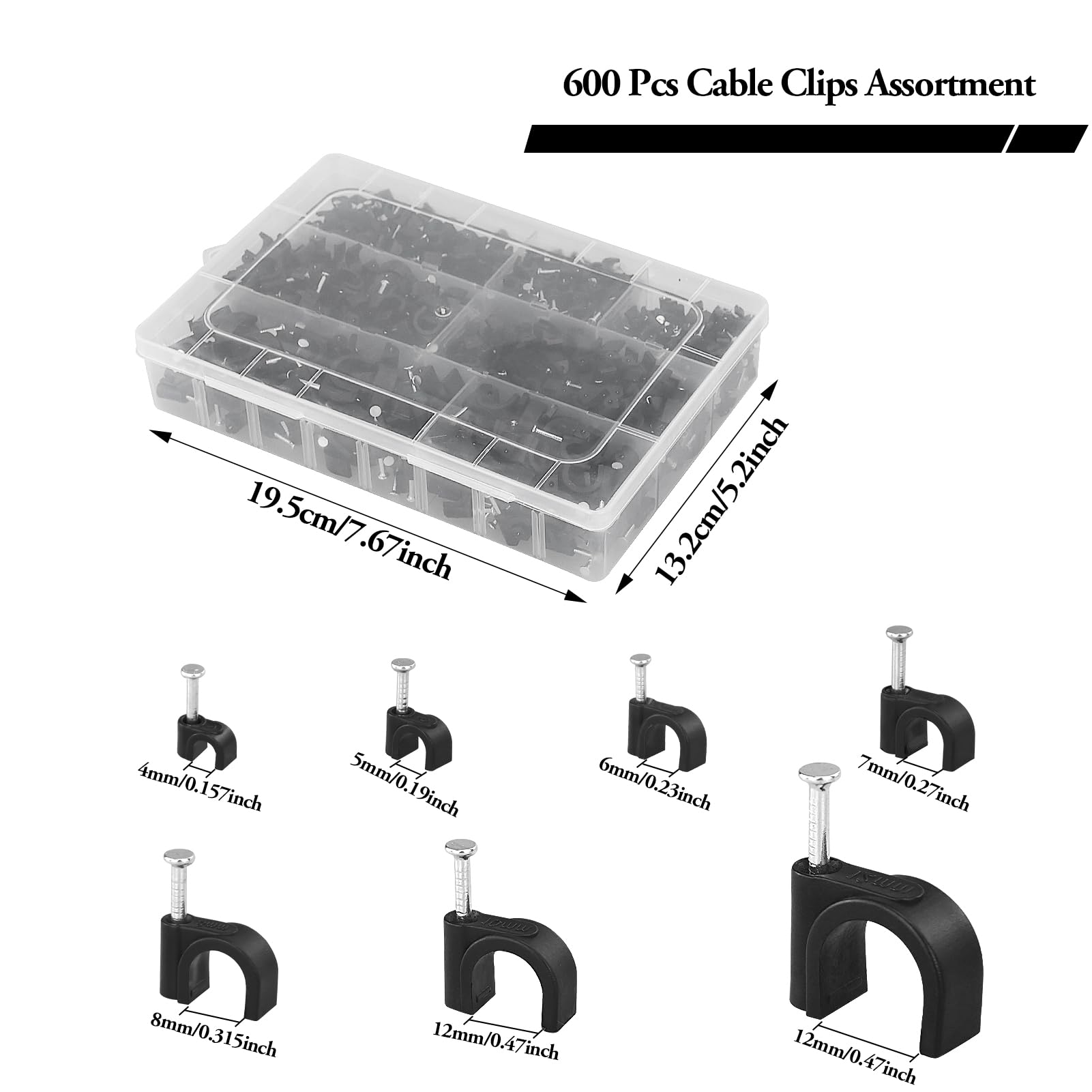 630PCS 7 Misure Clip Cavo Assortimento, 4-12 mm, Nero Fermacavi, Fermacavi, Fermacavi, Fermacavi, Fermacavi Blindati, Fermacavi per Cavi, Clip da Parete Cavi, Clip per Cavo Esterno, per Filo, Ethernet