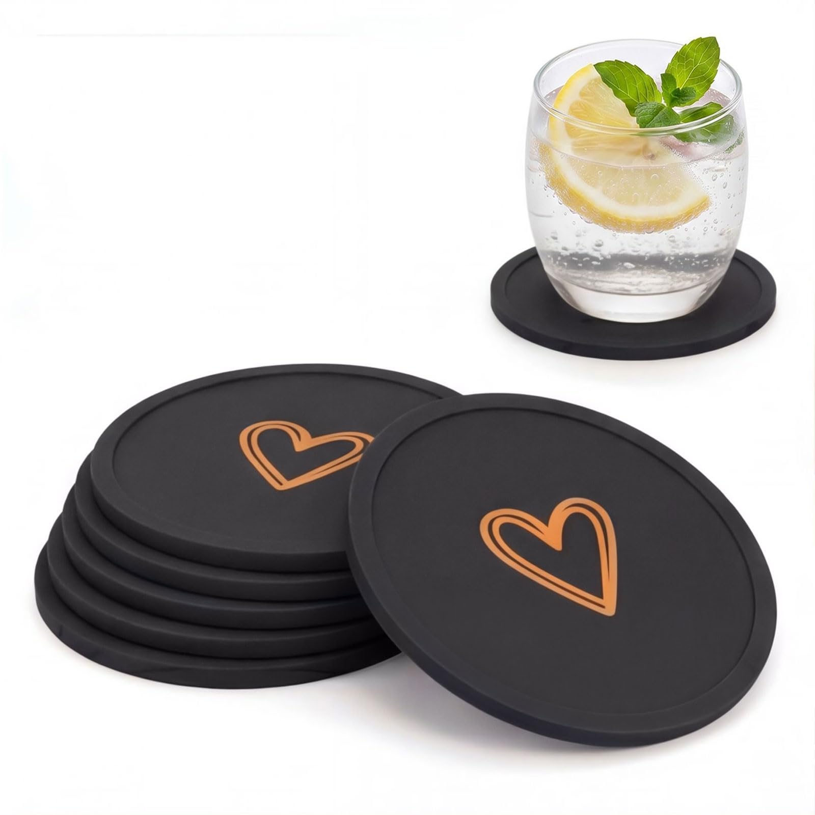 Ksriylm Round Silicone Coasters Set of 6, Minimalist Heart Pattern Non-Slip Anti-Overflow Drinks Coasters,Table Decor & Protection Cup Mat for Coffee Wine Mugs Glasses Home and Bar,Black