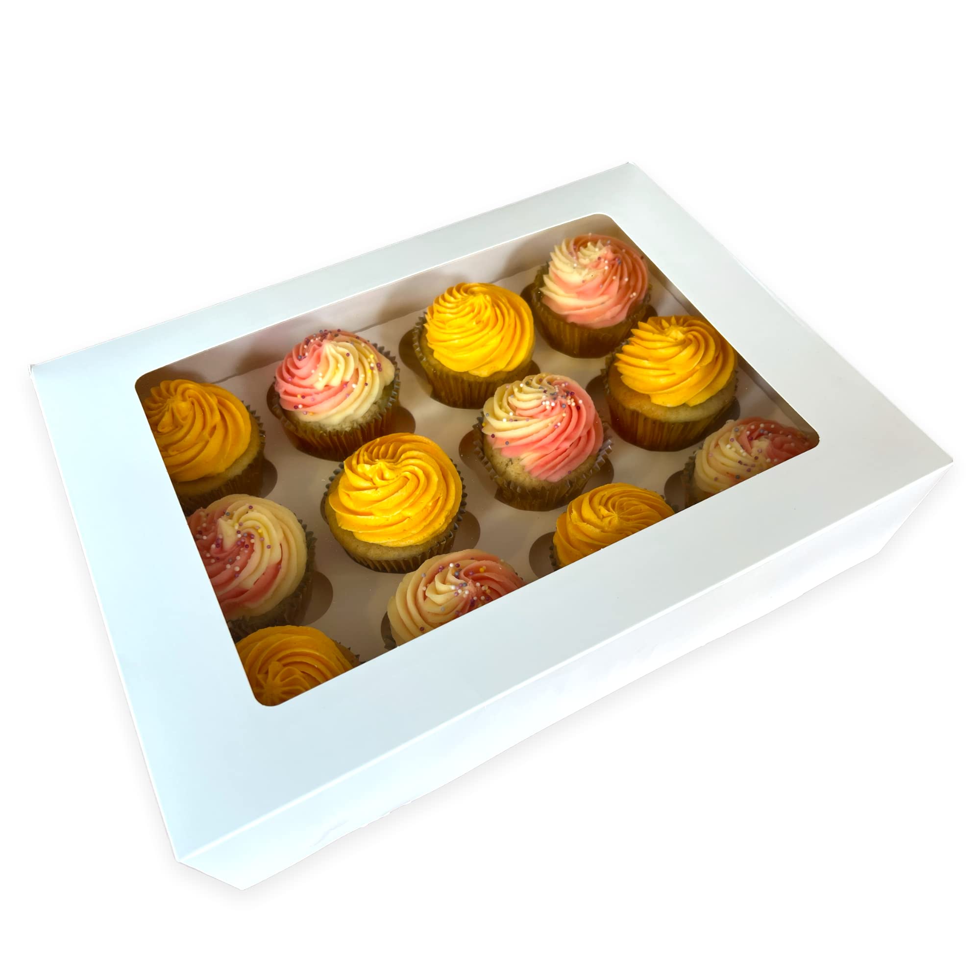 10 x Premium 12 Cupcake Boxes with Adjustable Insert | 33 x 24 x 7.5cm | Holds 12 Muffins or Cupcakes | Recyclable Cardboard | Pop-Up Construction with Window | Food Safe | Made in the UK