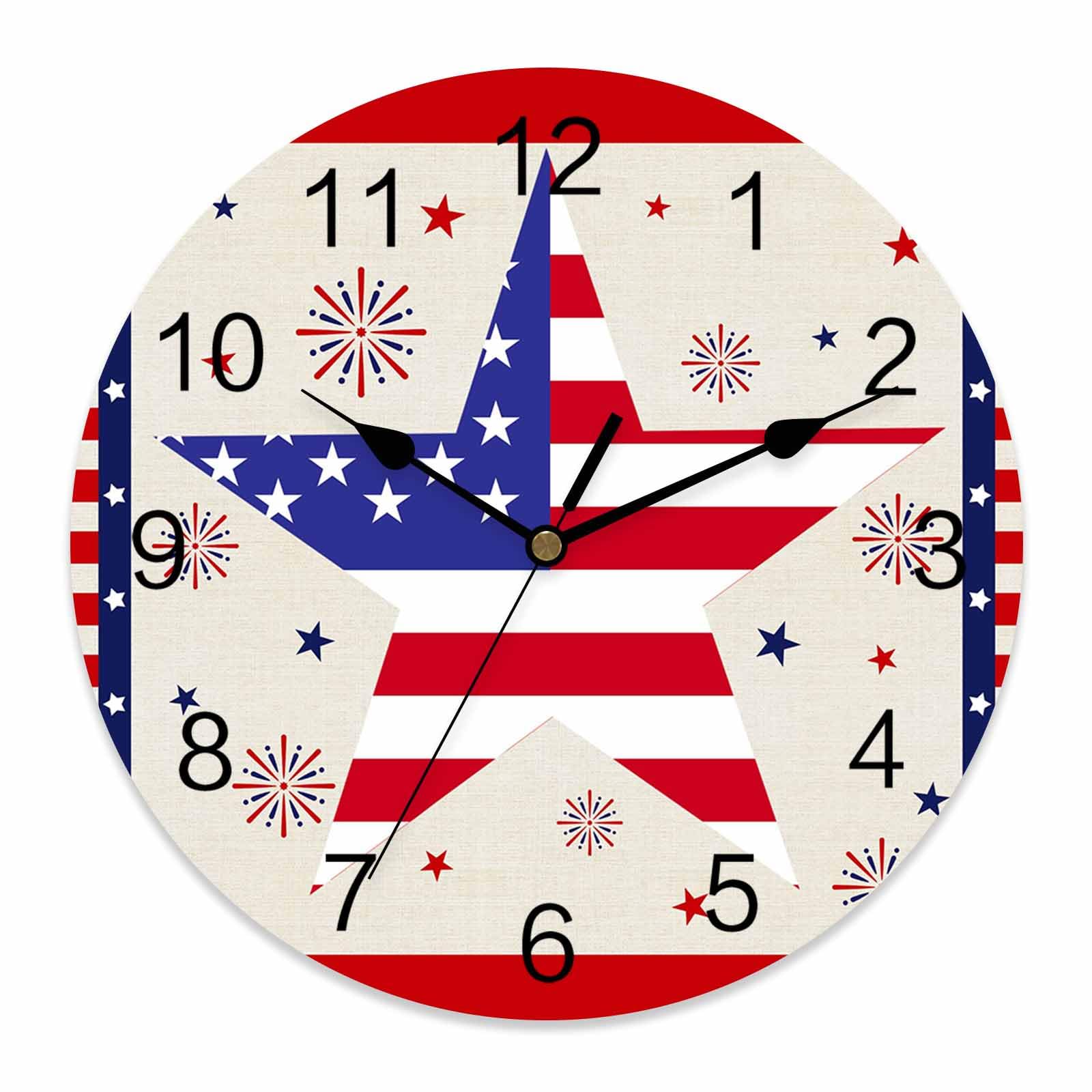 Ensound 4th of July Wall Clock USA Flag Stars Stripes Clocks Wooden Silent Non-Ticking Battery Operated Decorative Patriotic Fireworks Round Clock for Home Living Room Kitchen Bedroom Office 12 Inch