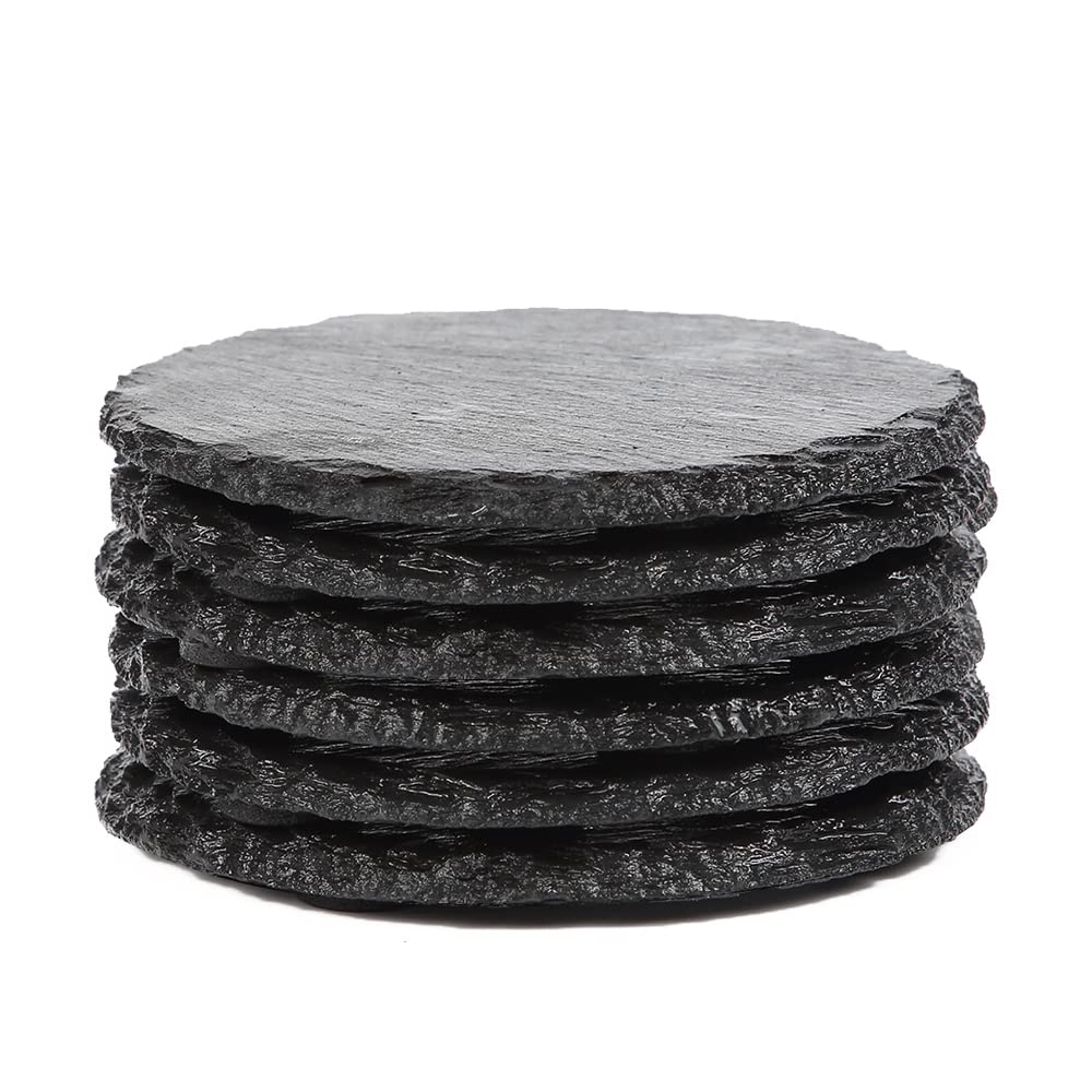 Bulk Slate Stone Drink Coasters - Set of 5 Round Black Natural Edge Stone Drink Coasters for Bar and Home- 4" x 4"