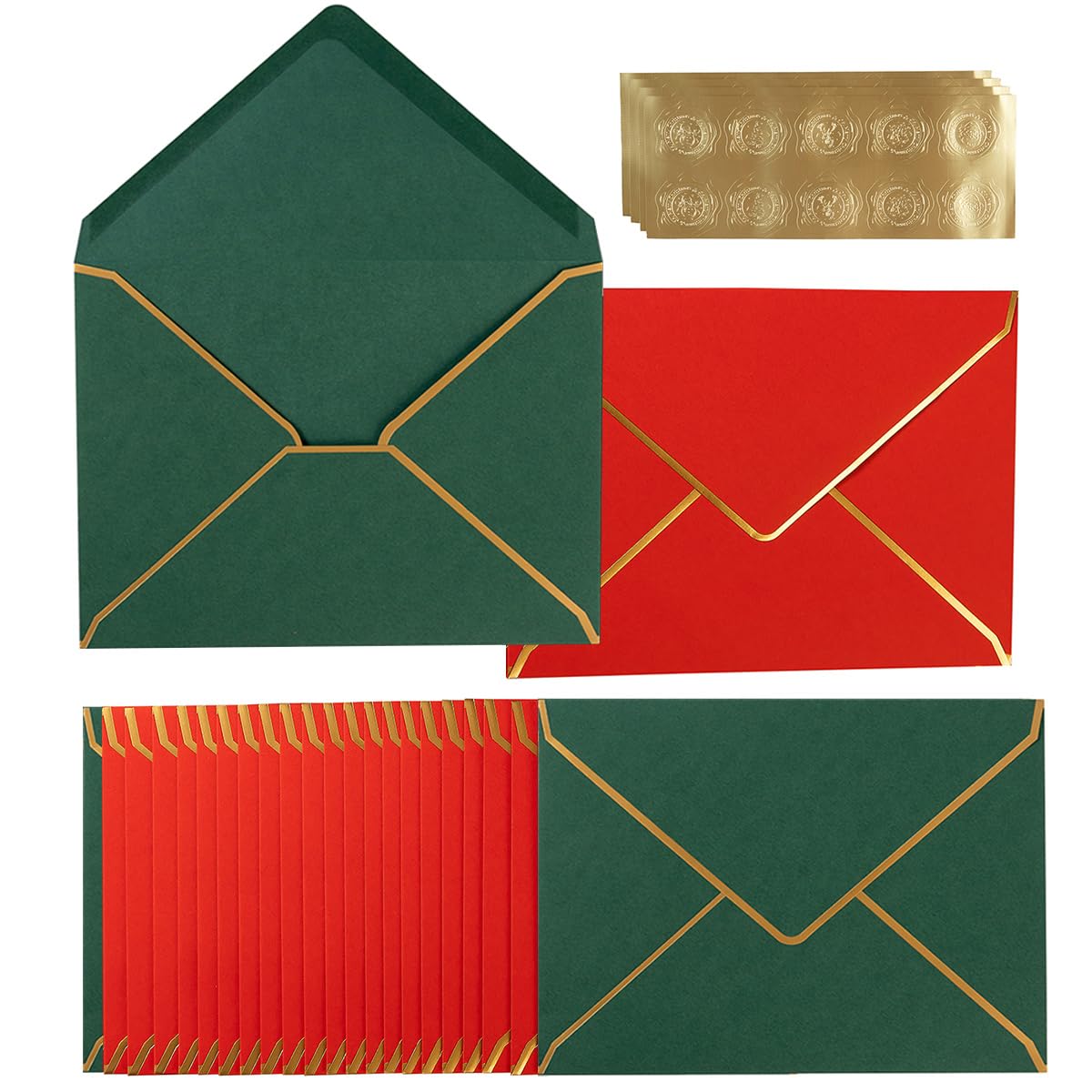 100 Pack Christmas A7 Envelopes 5x7 Envelopes Green Red with Gold Border for Office, Wedding Gift Cards, Invitations, Graduation, Baby Shower, Parties