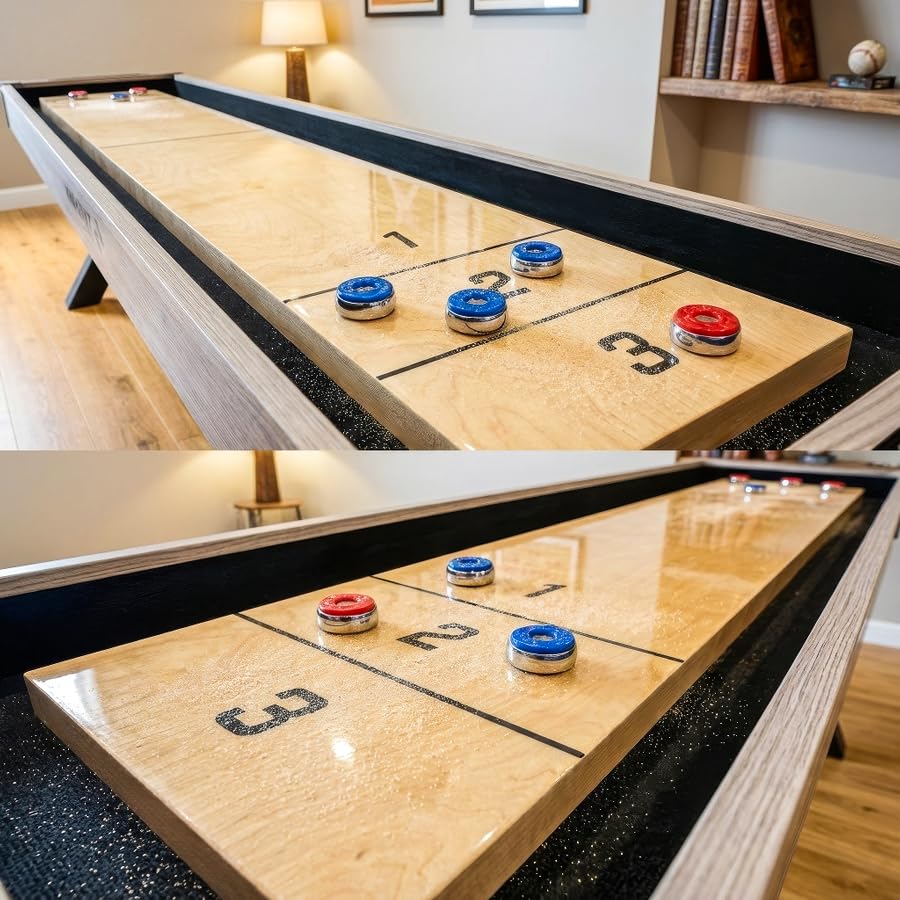 PINPOINT Zestaw gier stołowych 2 w 1 Shuffleboard – pełnowymiarowa tablica do shuffleboardu o długości 2,7 m, z konwersją stołu do jadalni, krążków, wosku i pędzla w zestawie – wysokiej jakości stół