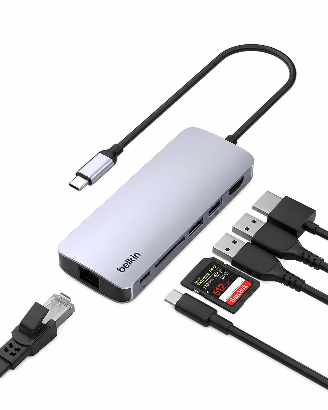 Belkin Hub USB-C: Base Adaptador multipuerto 6 en 1 con HDMI 4K, Carga de Paso PD USB-C de 100 W, 2 Puertos USB-A, Puertos Gigabit Ethernet y Ranura SD para MacBook Pro, Air, iPad, Pro, XPS y más