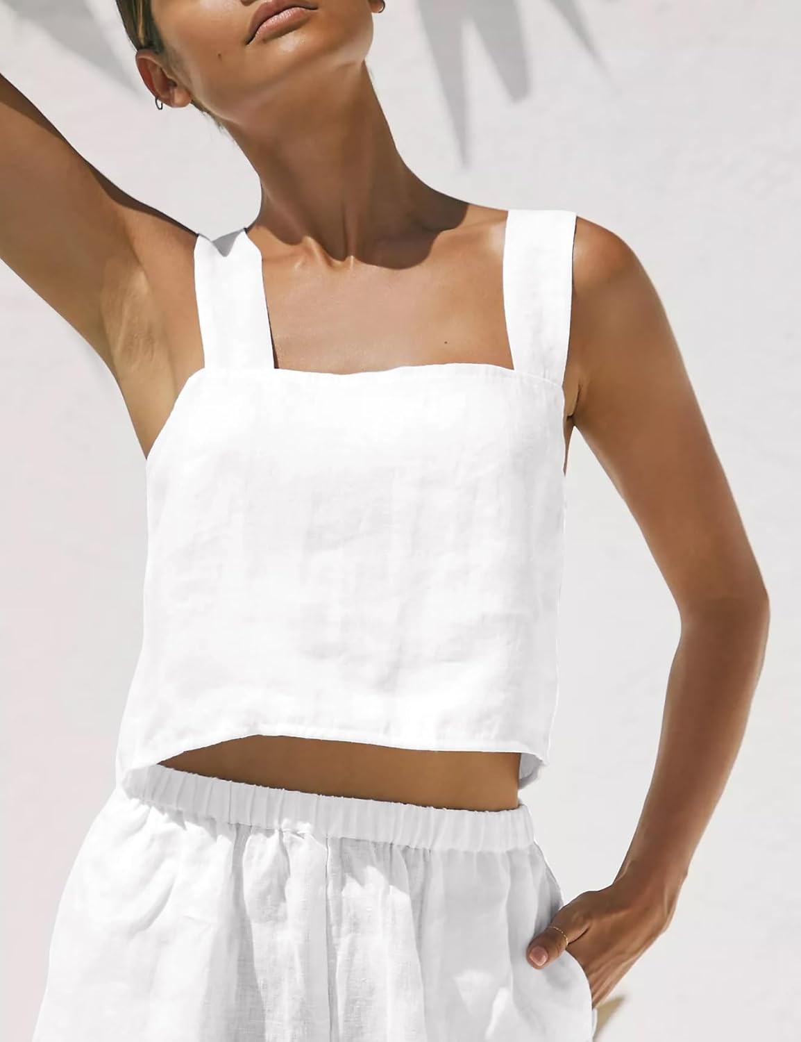 IDEALSANXUN Womens Linen Crop Tank Tops Summer Cute Sleeveless Square Neck Loose Fit Shirts Blouses - Image 2