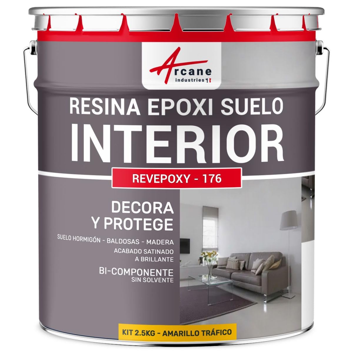 ARCANE INDUSTRIES Resina epoxi para suelos interiores - REVEPOXY - 176-2,5 kg (hasta 12,5 m² en 2 capas) Amarillo Tráfico - RAL 1023
