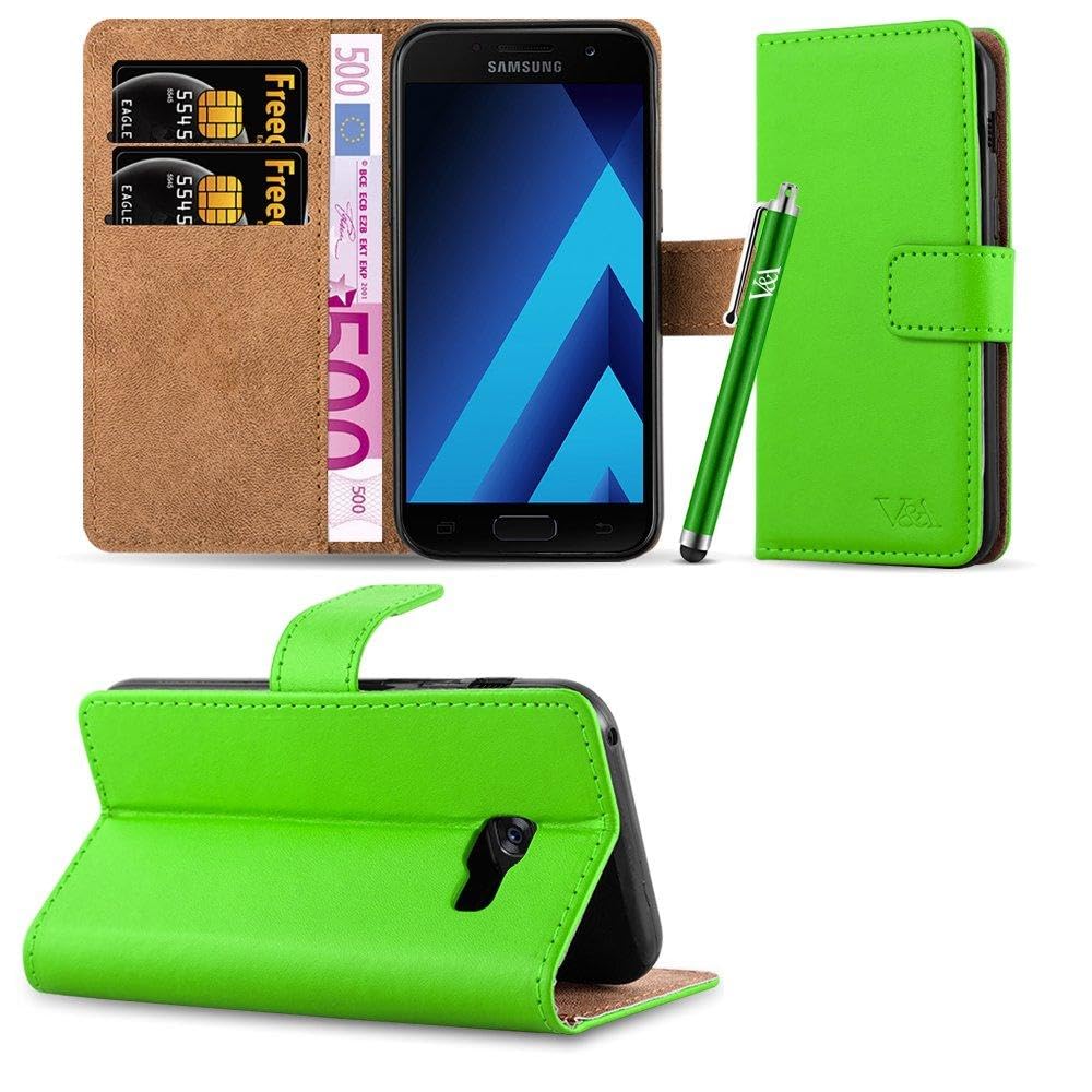 Galaxy A3 2017 Case - Wallet Book [Stand View] Card Case Cover Premium Leather Folio Case for Galaxy A3 2017 with Screen Protector, Microfibre Polishing Cloth and Touch Stylus Pen (Lime)