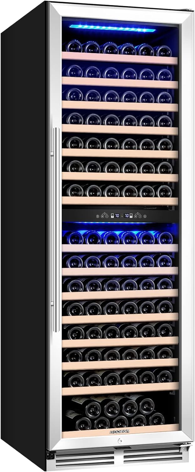 BODEGA Wine Cooler Refrigerator 24 Inch, 174 Bottle Dual Zone Wine Fridge with Double-Layer Tempered Glass Door and Temperature Memory Function,Built-in or Freestanding.