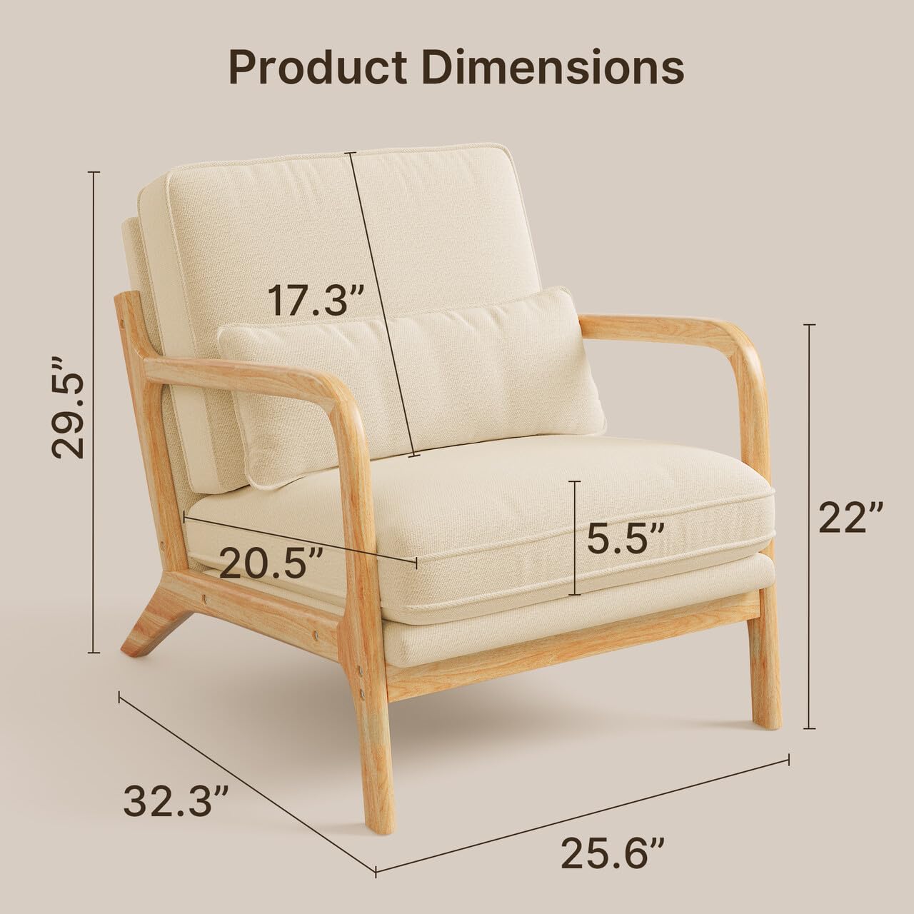 Ahomly Accent Chair With Lumbar Pillow – Mid-Century Modern Armchair For Living Room, Bedroom, Reading Nook (Linen Beige) - View #5