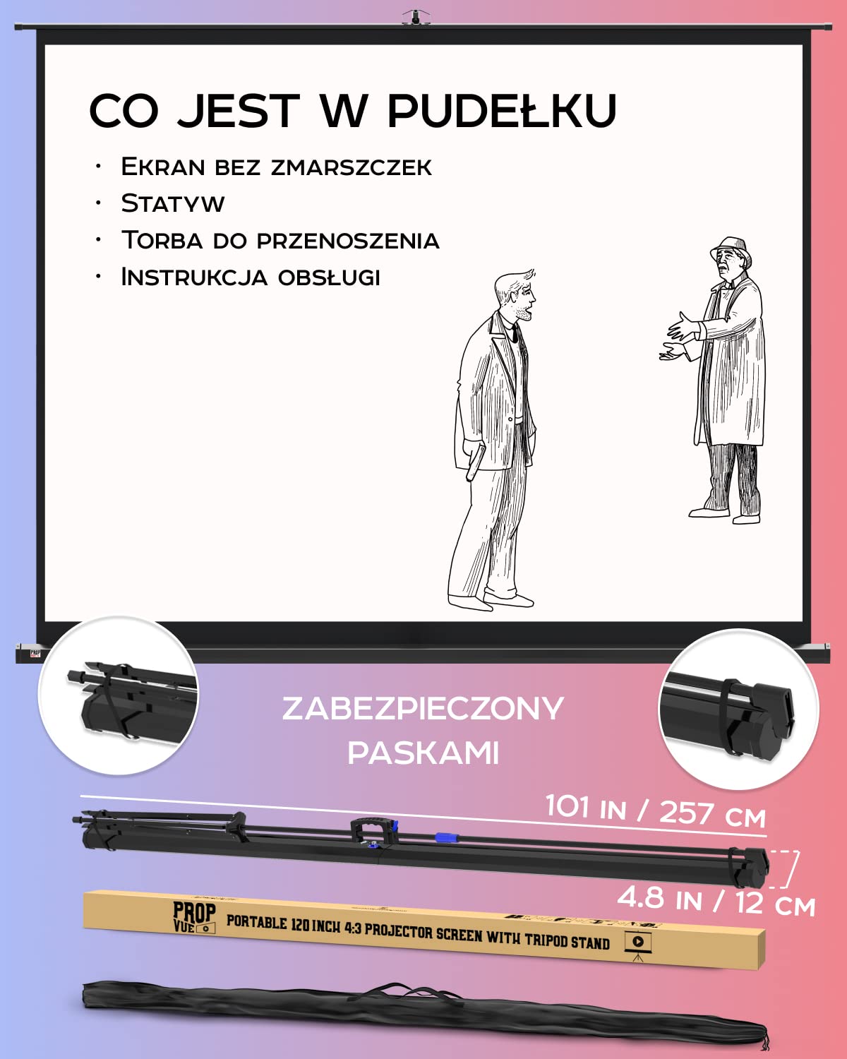 PropVue Ekran projekcyjny z uchwytem 100-120 cali – ekran projekcyjny do użytku wewnątrz i na zewnątrz do prezentacji filmów lub na pulpicie – możliwość regulacji w zakresie od 16:9 do 4:3 HD bez