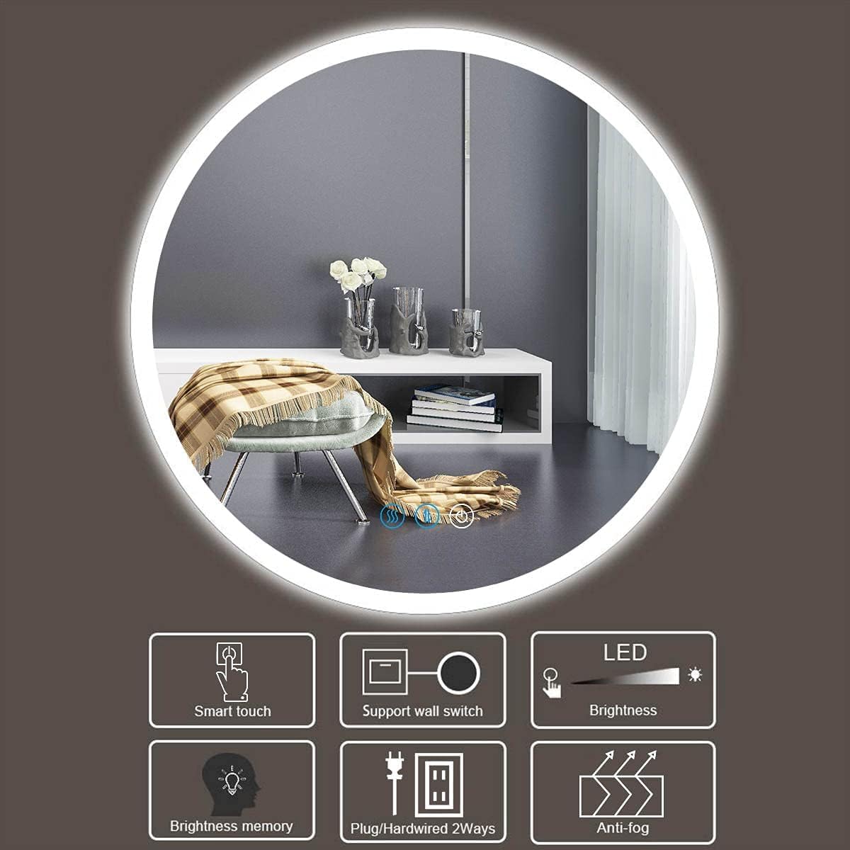 24 Inch Round Lighted Vanity Mirror with Lights Smart Memory Anti-Fog Adjustable Brightness 3 Color Backlight 24" Frameless LED Circle Round Backlit Mirror for Bathroom Hotle Wall Mounted
