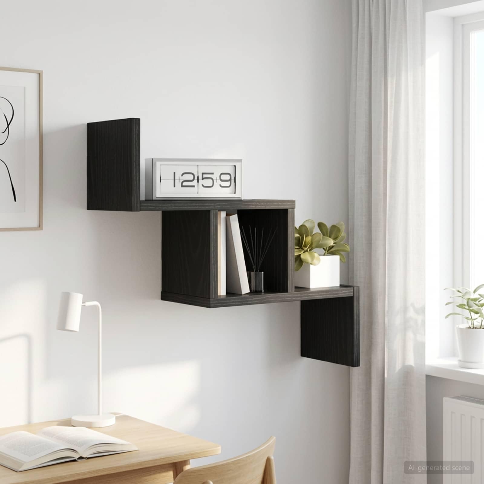 Regał ścienny, czarny dąb, materiał drewnopochodny, 48 x 15 x 42 cm, z dużą ilością miejsca do przechowywania, montowana na ścianie półka do salonu, sypialni, kuchni, korytarza, zajmuje mało