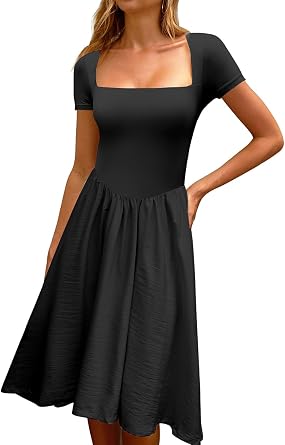 CHYRII Women Fashion Summer 2025 Square Neck Short Sleeve A-Line Midi Dress Long Sundress
