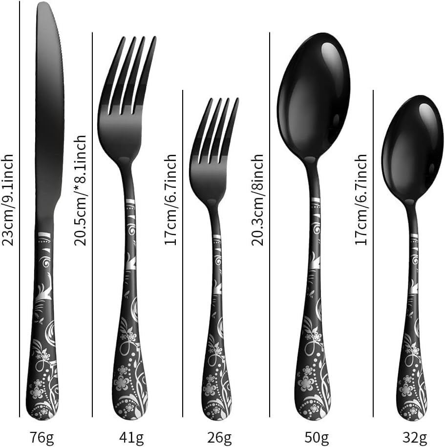 Image of aDai Premium 20 Piece Stainless Steel Cutlery Set | Floral Handle | Includes Spoon Fork Knife Teaspoon | Perfect for Corporate Gifting (Black)