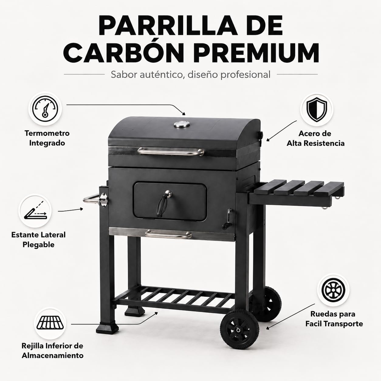 Barbacoa de carbón con tapa y ruedas – Parrilla amplia, mesas laterales, bandeja inferior, color negro, estructura resistente – Barbacoa para jardín y terraza Lorvik