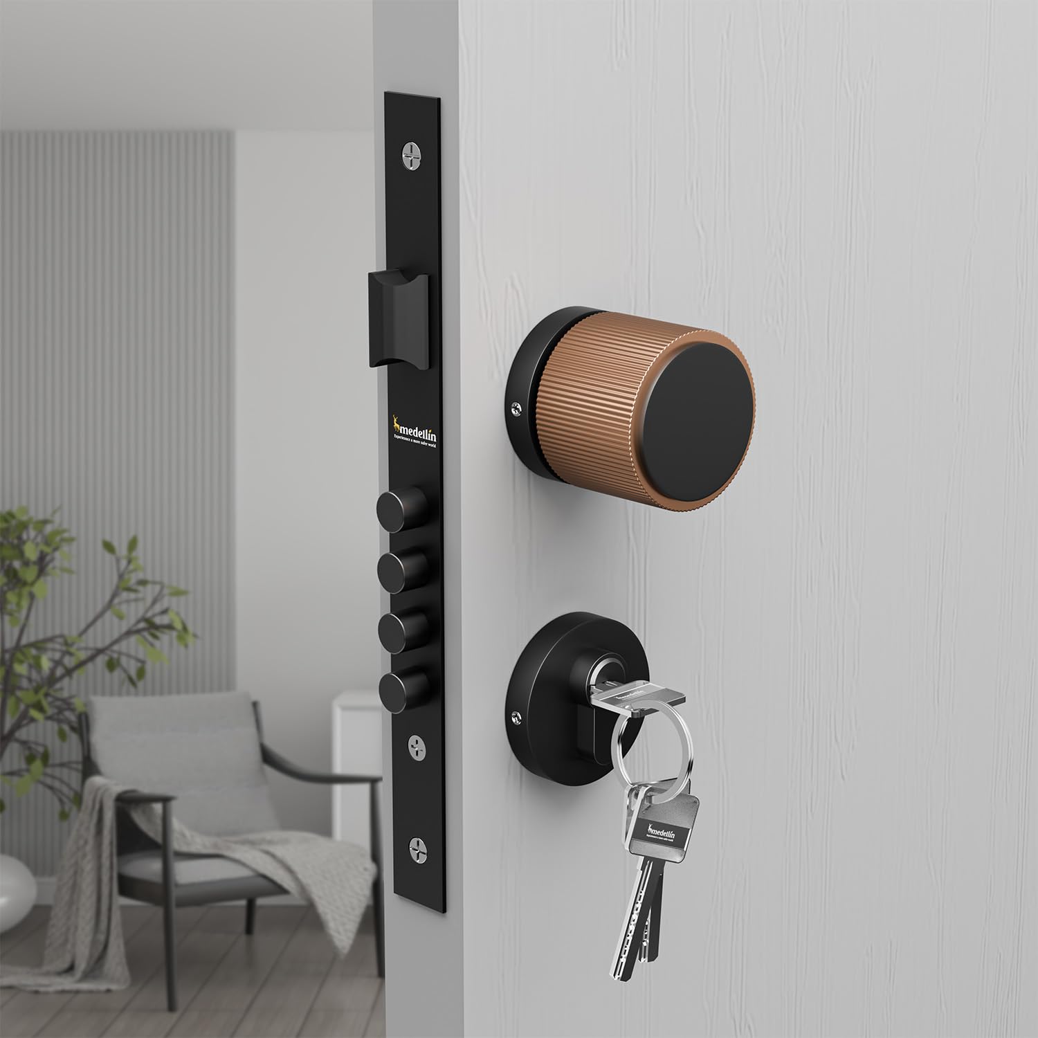Medellin Premium and Lavish Jet Black-PVD Rose Gold Brass Mortise Door Lock 1017 and Complete Handle Set with 3 Brass Keys| Main Door Locks/Bedroom/Office/Hotel (Finish-Jet Black-PVD Rose Gold) (B0D1R7GNYG) Amazon Price History, Amazon Price Tracker