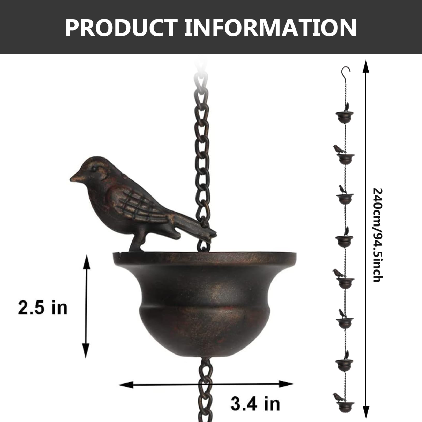 Cadena de lluvia, 2,4 m cadenas de lluvia de pájaros de metal para el exterior, cadenas de lluvia colgantes móviles para canaletas, receptores de lluvia decorativa a prueba de óxido para jardín exter