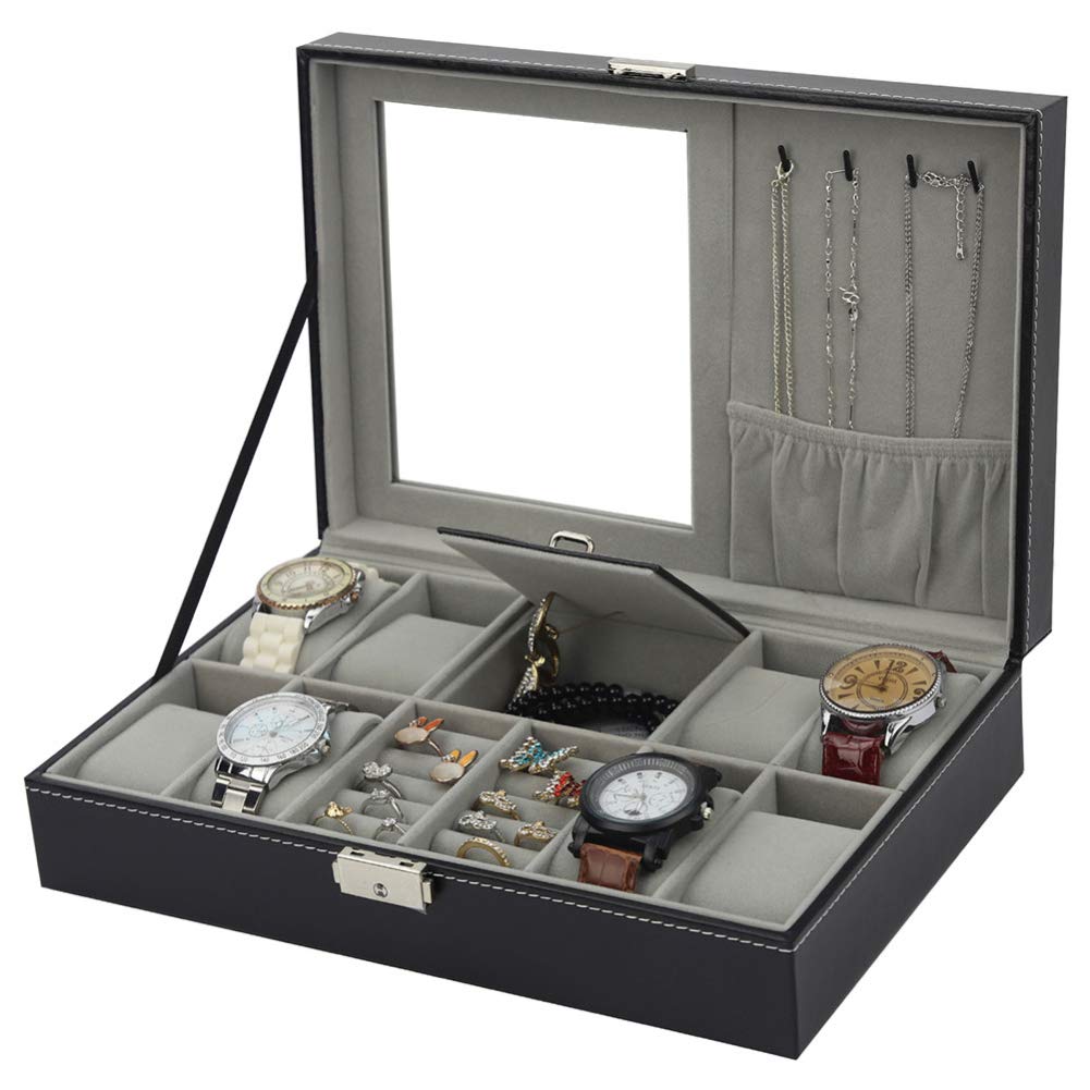 2 "Una 8 rejillas+3 rejillas mixtas de almacenamiento de cuero PU cajas de reloj organizador caja de lujo joyería anillo exhibición reloj caso negro