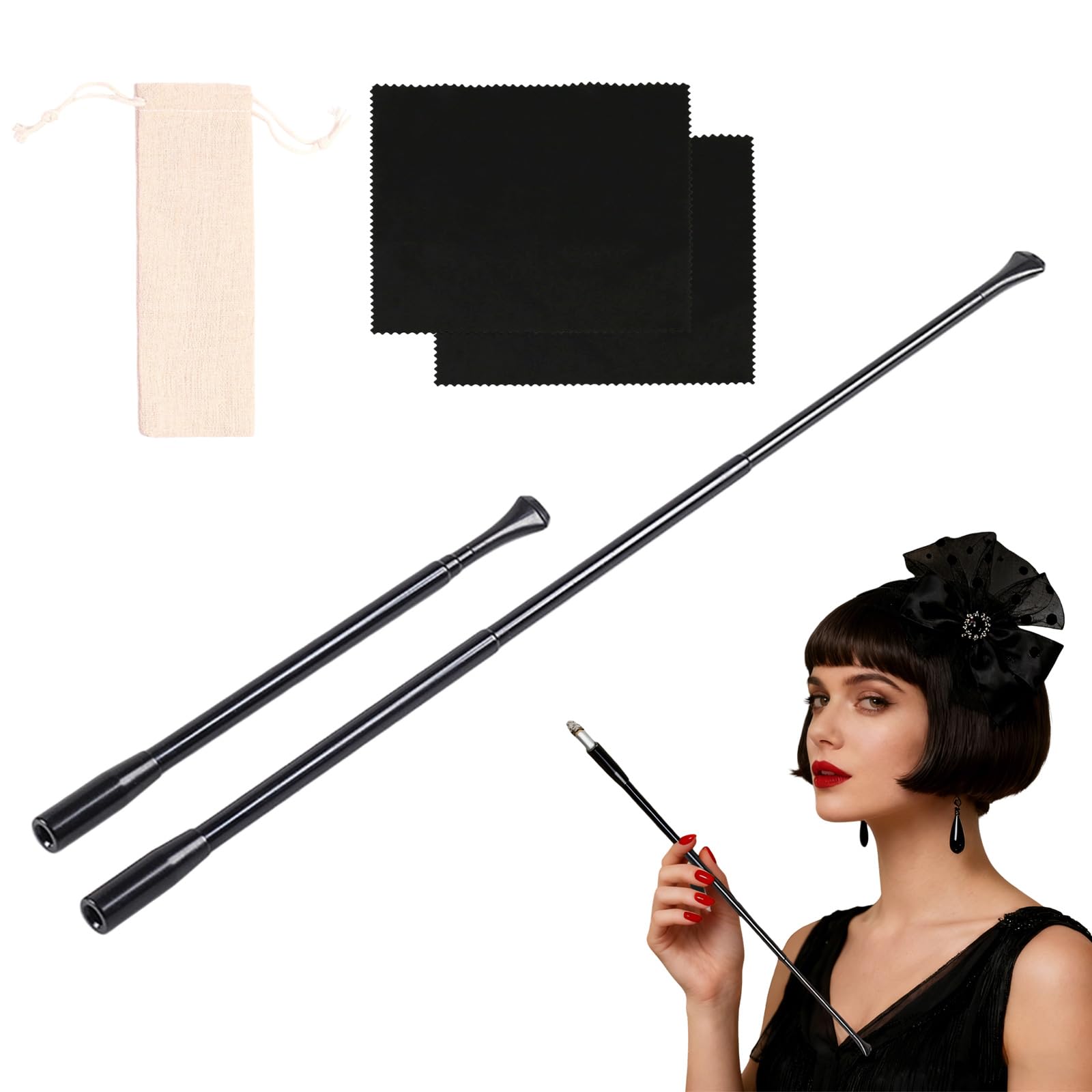 5 Pieces Cigarette Holder for Women Black Retractable Cigarette Holder Long Metal Cigarette Holders(Coarse&Fine),Retro Accessories for Party Cosplay with 1 pcs Storage Bag&2 pcs Cleaning Cloth