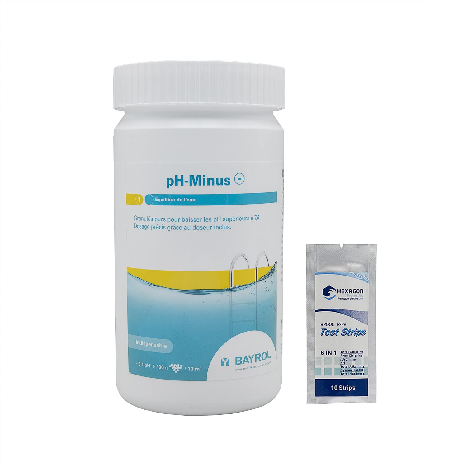 BAYROL pH-Minus Granulés - 1,5kg | Correcteur de pH Solide - Baisse Le pH - Dissolution Rapide + 10 Tests HPS OFFERTS 6 en 1