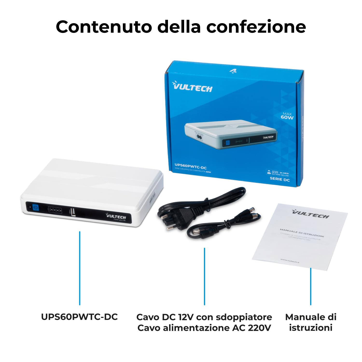 VulTech UPS60PWTC-DC Mini UPS 4350mAh 60W Gruppo di Continuità Portatile per Router Modem Telecamera Power Bank USB 2.4A Type-C PD/QC3 45W DC 12V, bianco