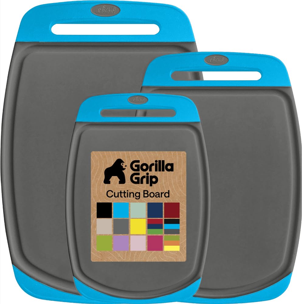 GORILLA GRIP BPA-Free Reversible Kitchen Cutting Board Set of 3, US Designed, Nonporous, Juice Grooves Catch Liquid, Slip Resistant Border, Dishwasher Safe, Durable Food Chopping Boards, Gray Aqua