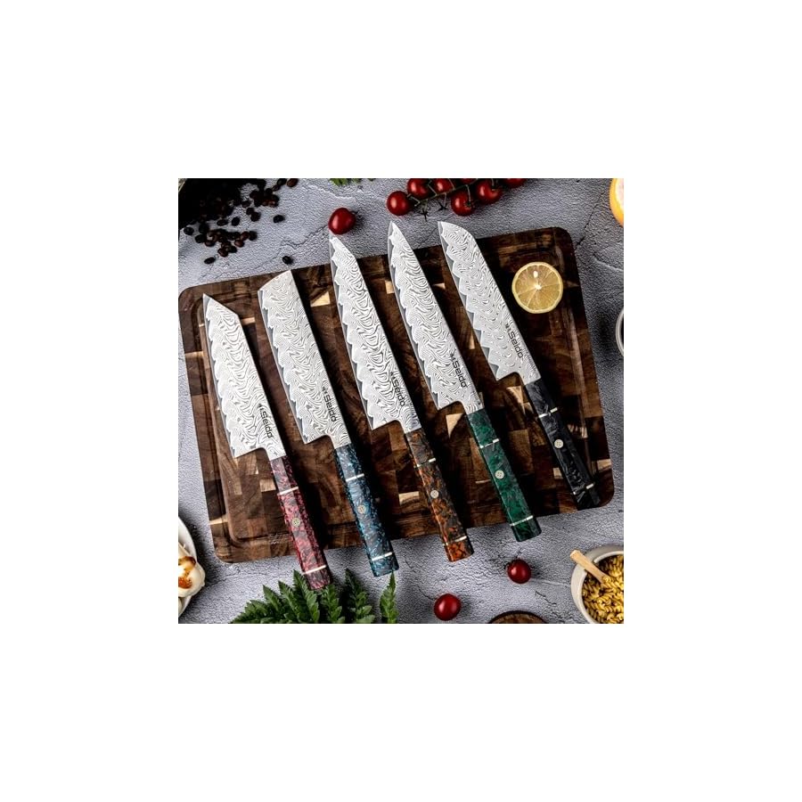 Epokishi 5-Piece AUS-10 Damascus Knife Set – Premium Japanese Chef Knives with Resin & Carbon Fiber Handles – Includes Gyuto, Santoku, Nakiri, Bunka, and Kiritsuke