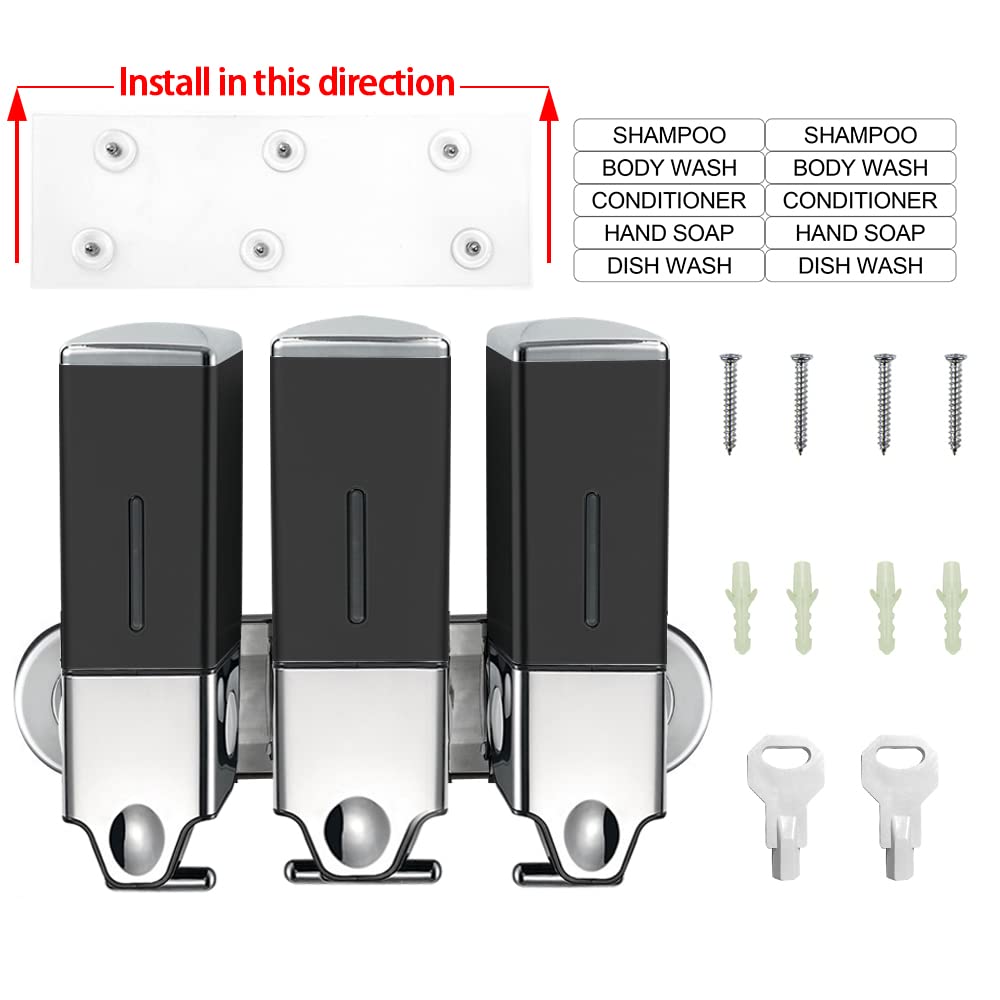 No-Drill - Dispensador de jabón de pared de 500 ml, dispensador de jabón para baño y cocina, dispensador de champú y acondicionador, sin taladros con adhesivo (cuadrado, negro)