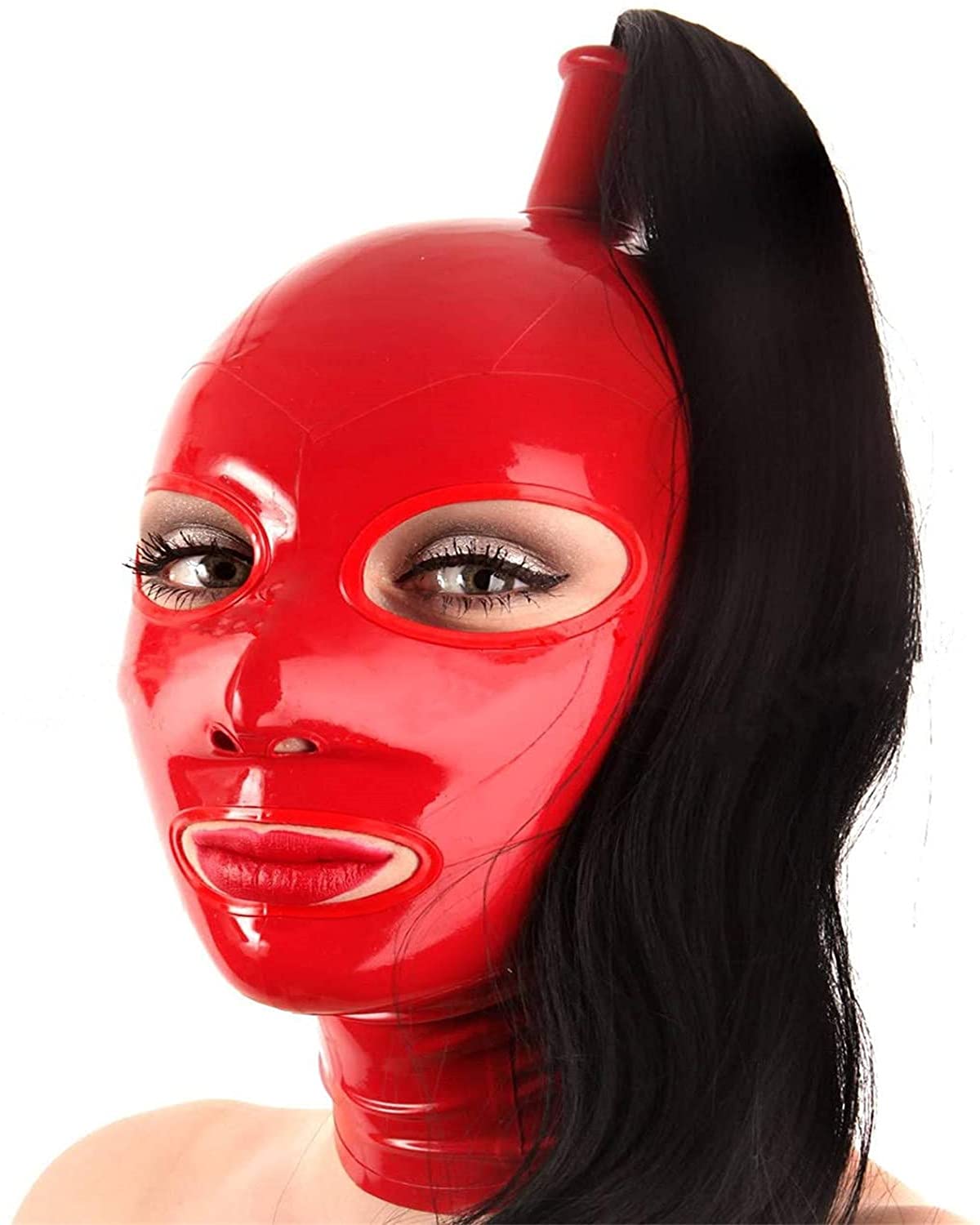 MFMYEE máscara de látex 100% goma SM máscara de esclavitud completa fetiche, máscara de juego de roles, incluye peluca (rojo)